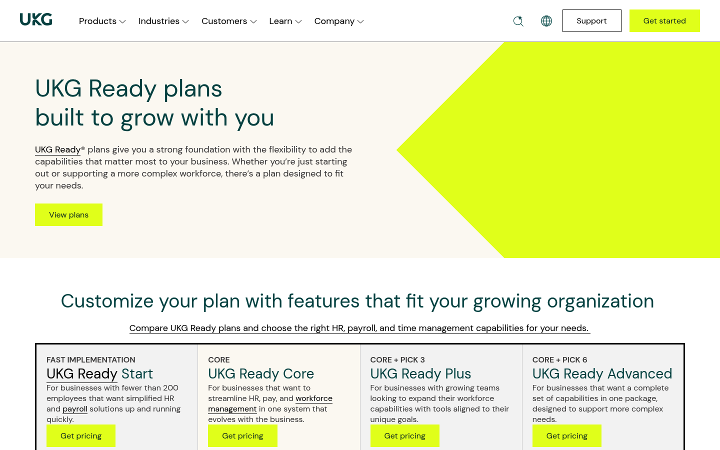 Screenshot of UKG's pricing page showing its plans and prices