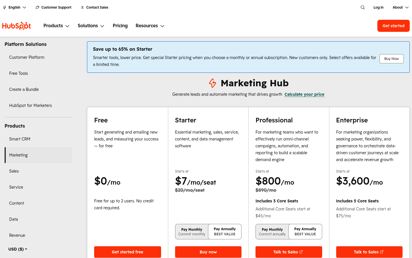 Screenshot of HubSpot's pricing page showing its plans and prices