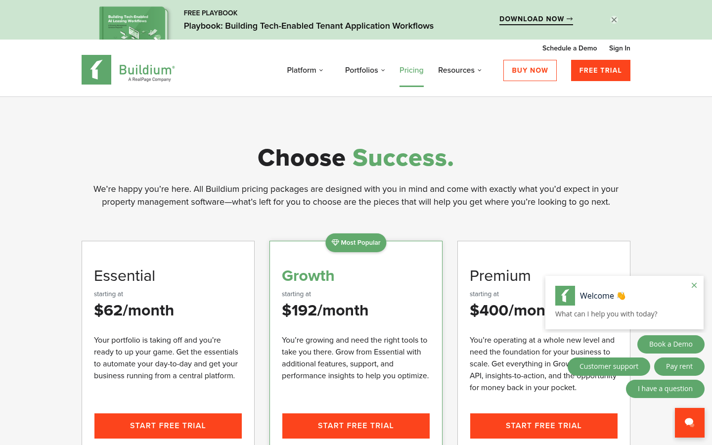 Screenshot of Buildium's pricing page showing its plans and prices