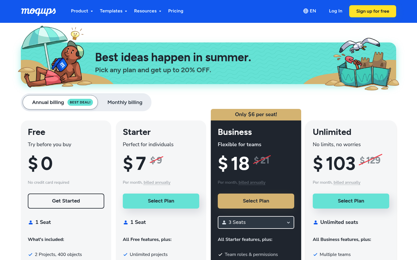 Screenshot of Moqups's pricing page showing its plans and prices