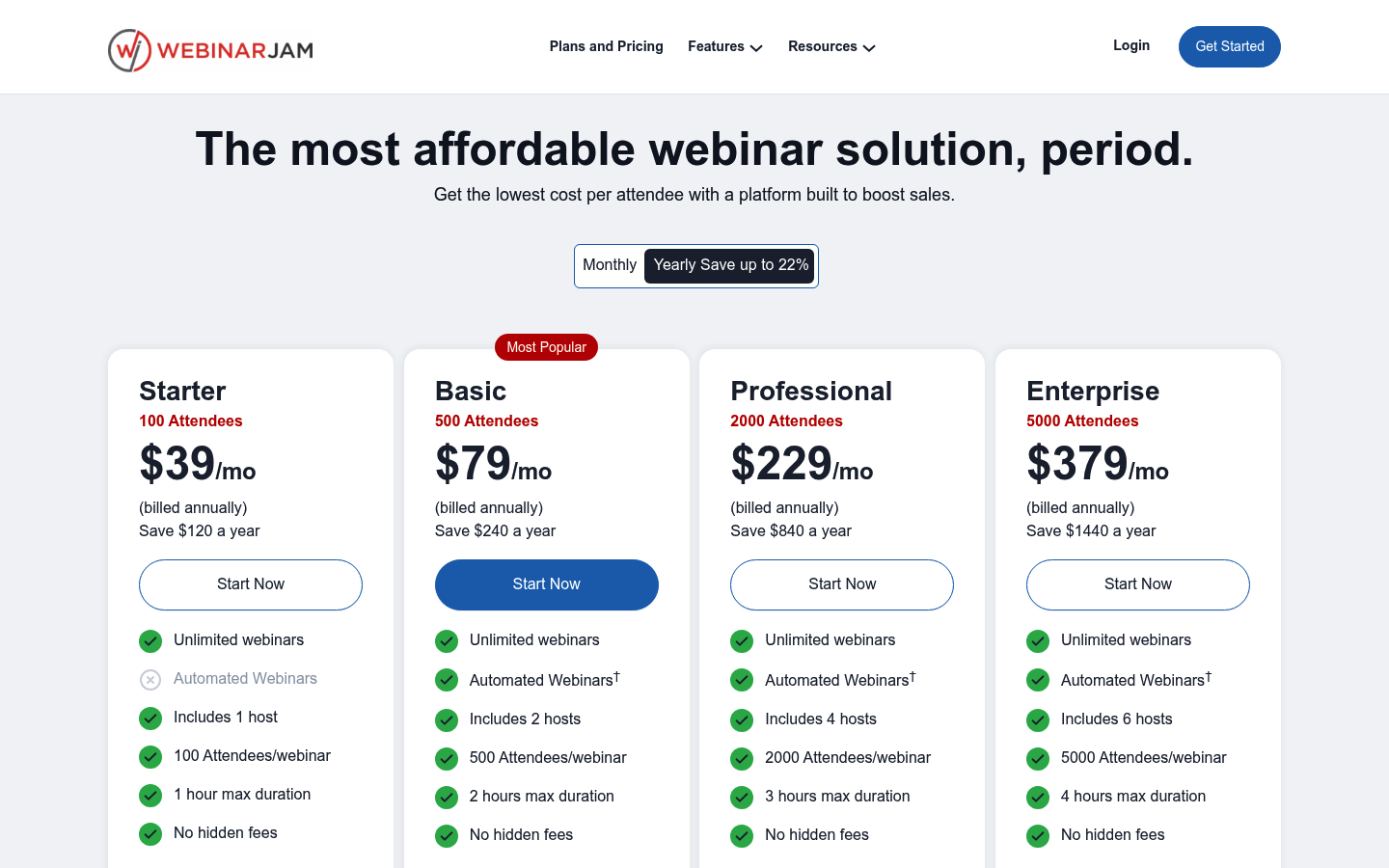 Screenshot of WebinarJam's pricing page showing its plans and prices