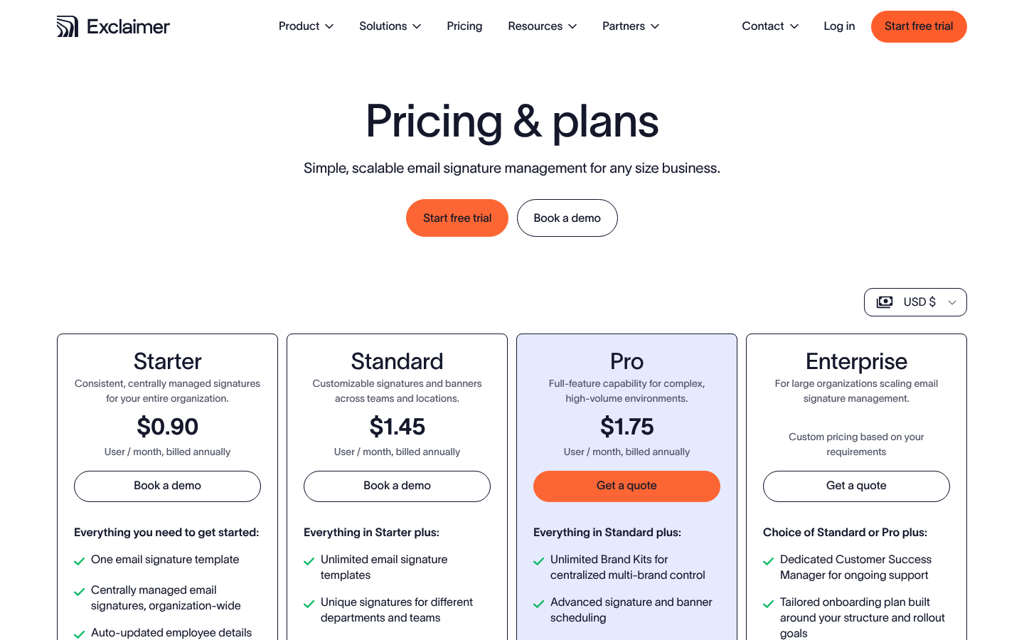 Screenshot of Exclaimer's pricing page showing its plans and prices