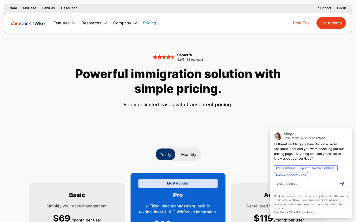 Screenshot of Docketwise's pricing page showing its plans and prices