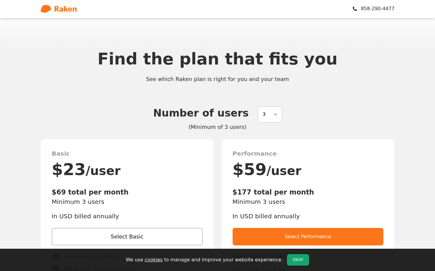 Screenshot of Raken's pricing page showing its plans and prices