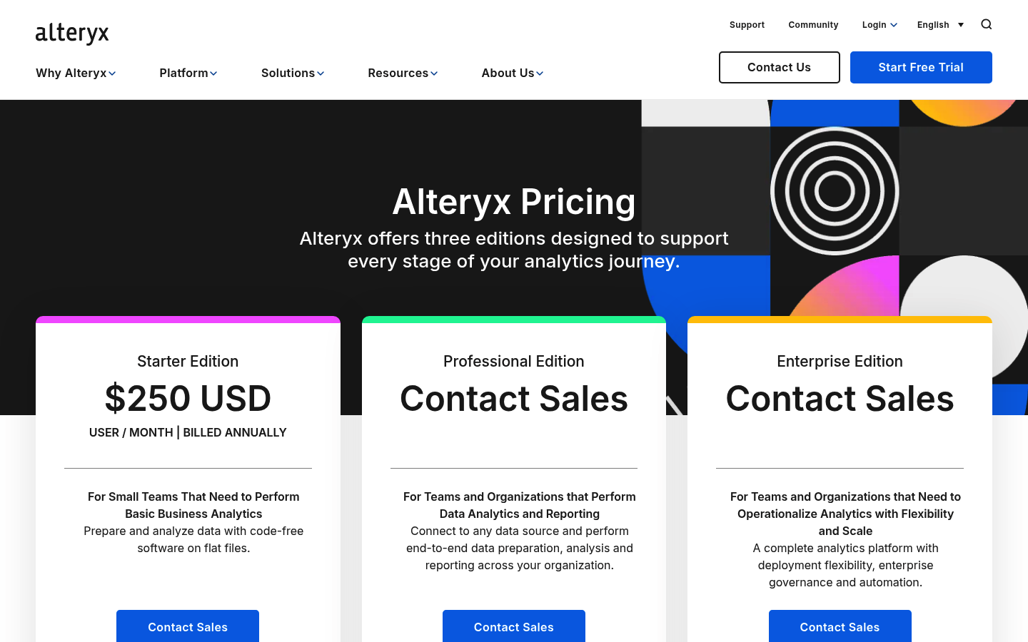 Screenshot of Alteryx's pricing page showing its plans and prices