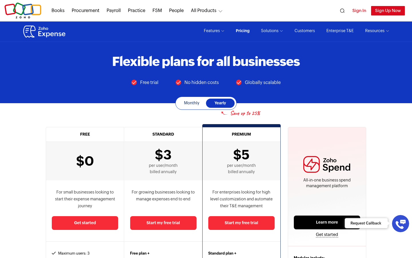 Screenshot of Zoho Expense's pricing page showing its plans and prices