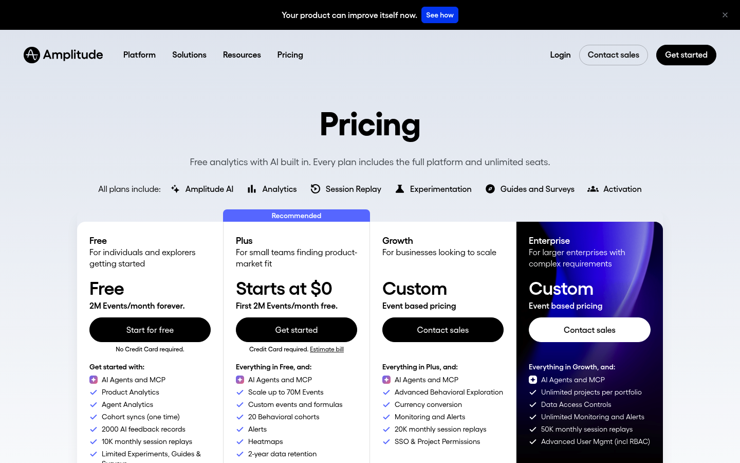 Screenshot of Amplitude's pricing page showing its plans and prices