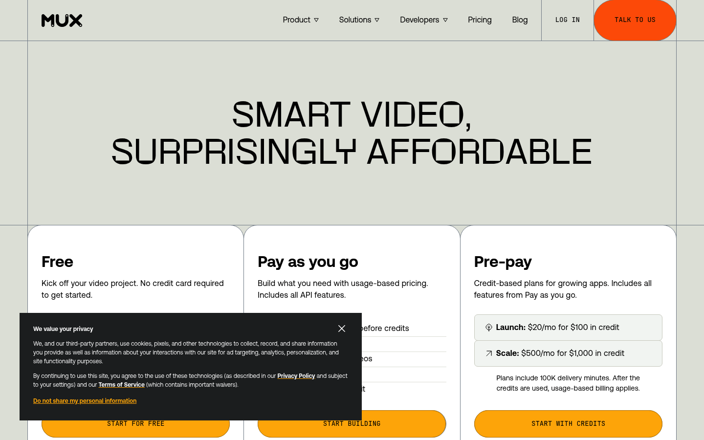 Screenshot of Mux's pricing page showing its plans and prices