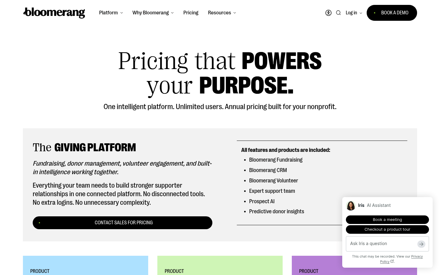 Screenshot of Bloomerang's pricing page showing its plans and prices