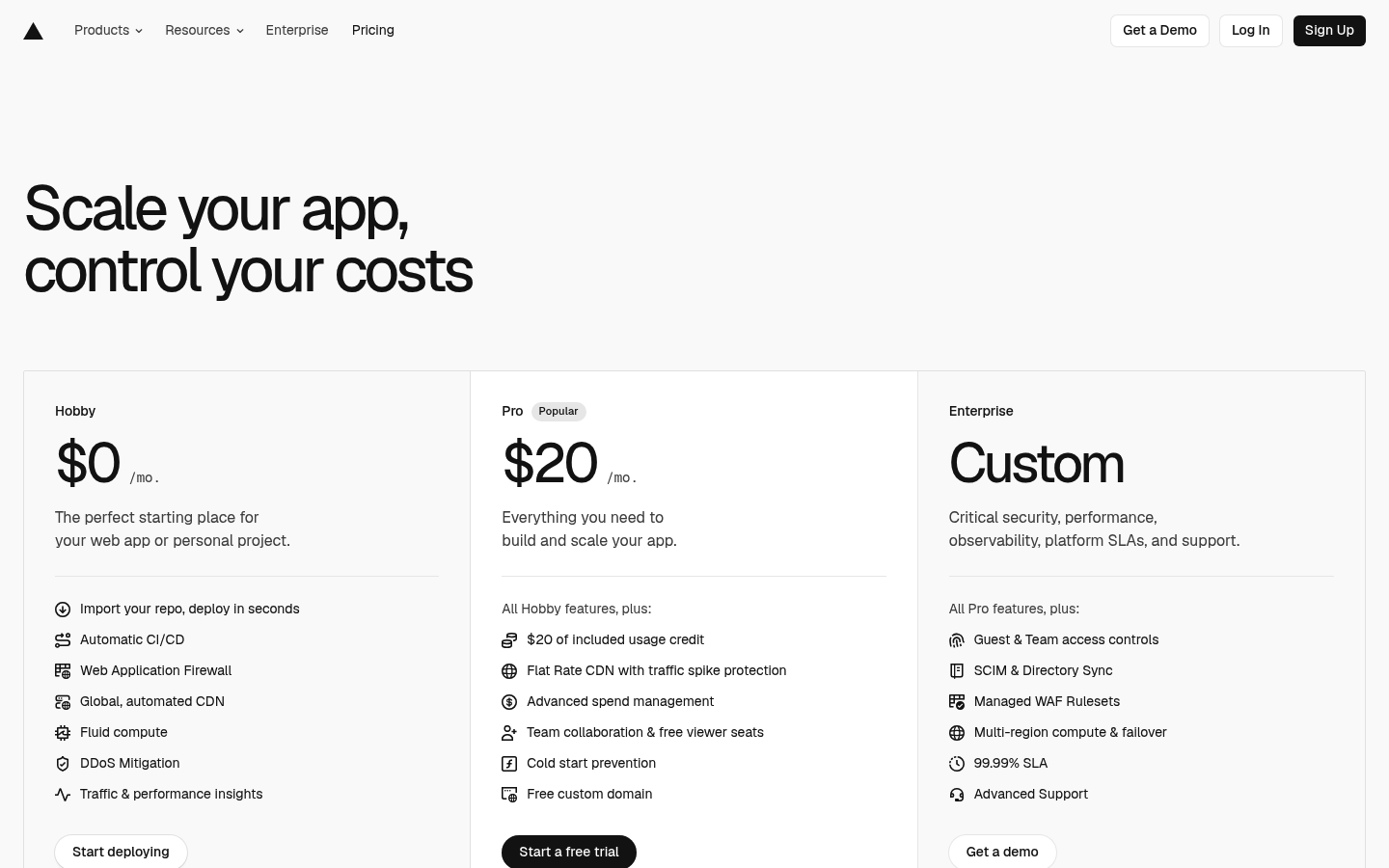 Screenshot of Vercel's pricing page showing its plans and prices