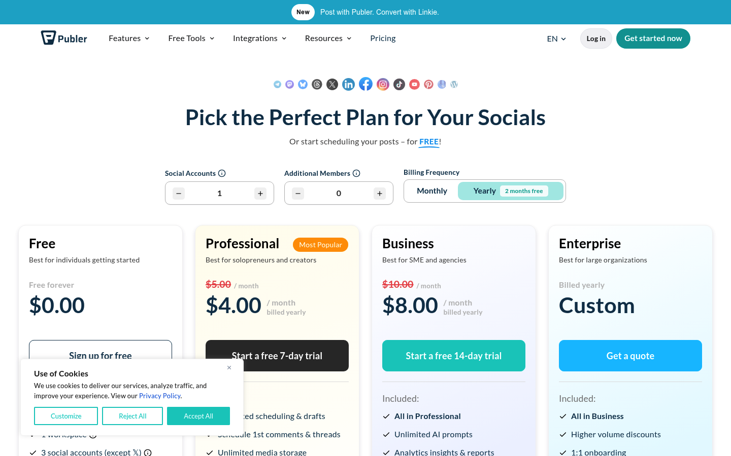 Screenshot of Publer's pricing page showing its plans and prices