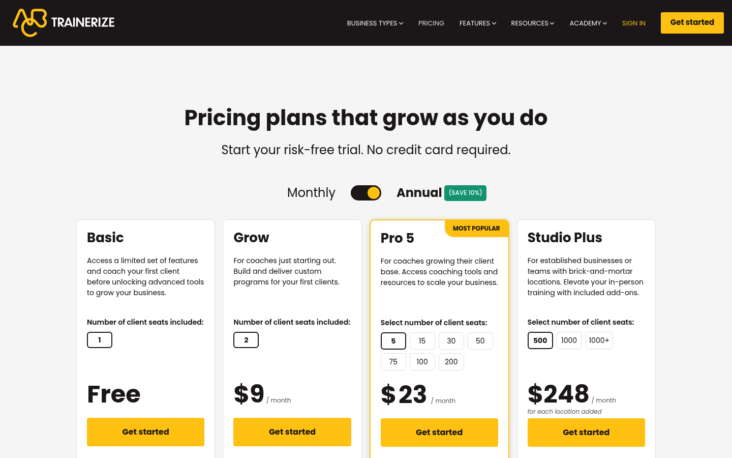 Screenshot of Trainerize's pricing page showing its plans and prices