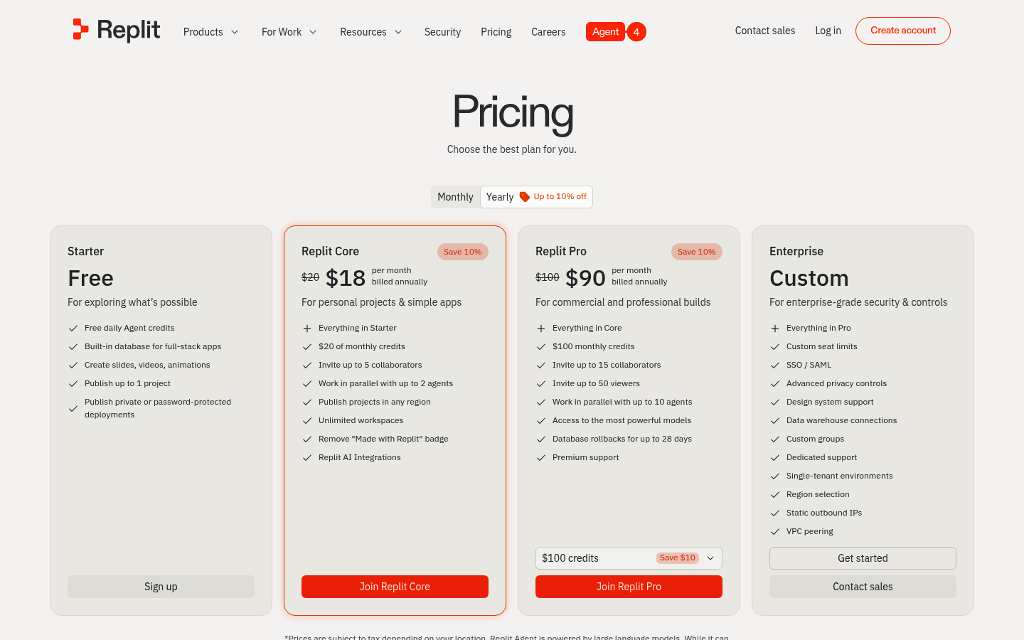 Screenshot of Replit's pricing page showing its plans and prices