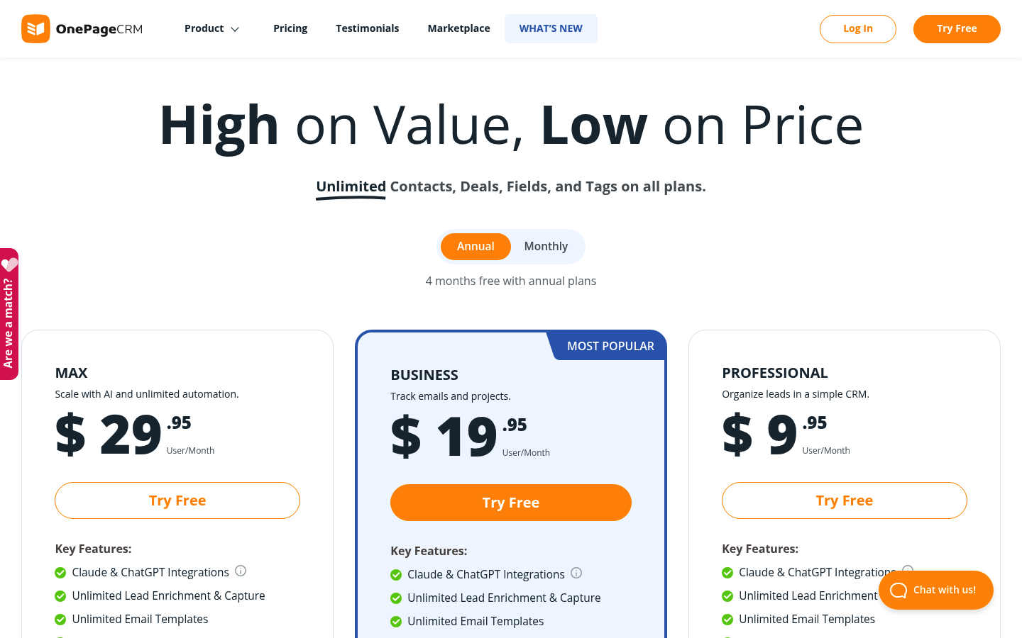 Screenshot of OnePageCRM's pricing page showing its plans and prices