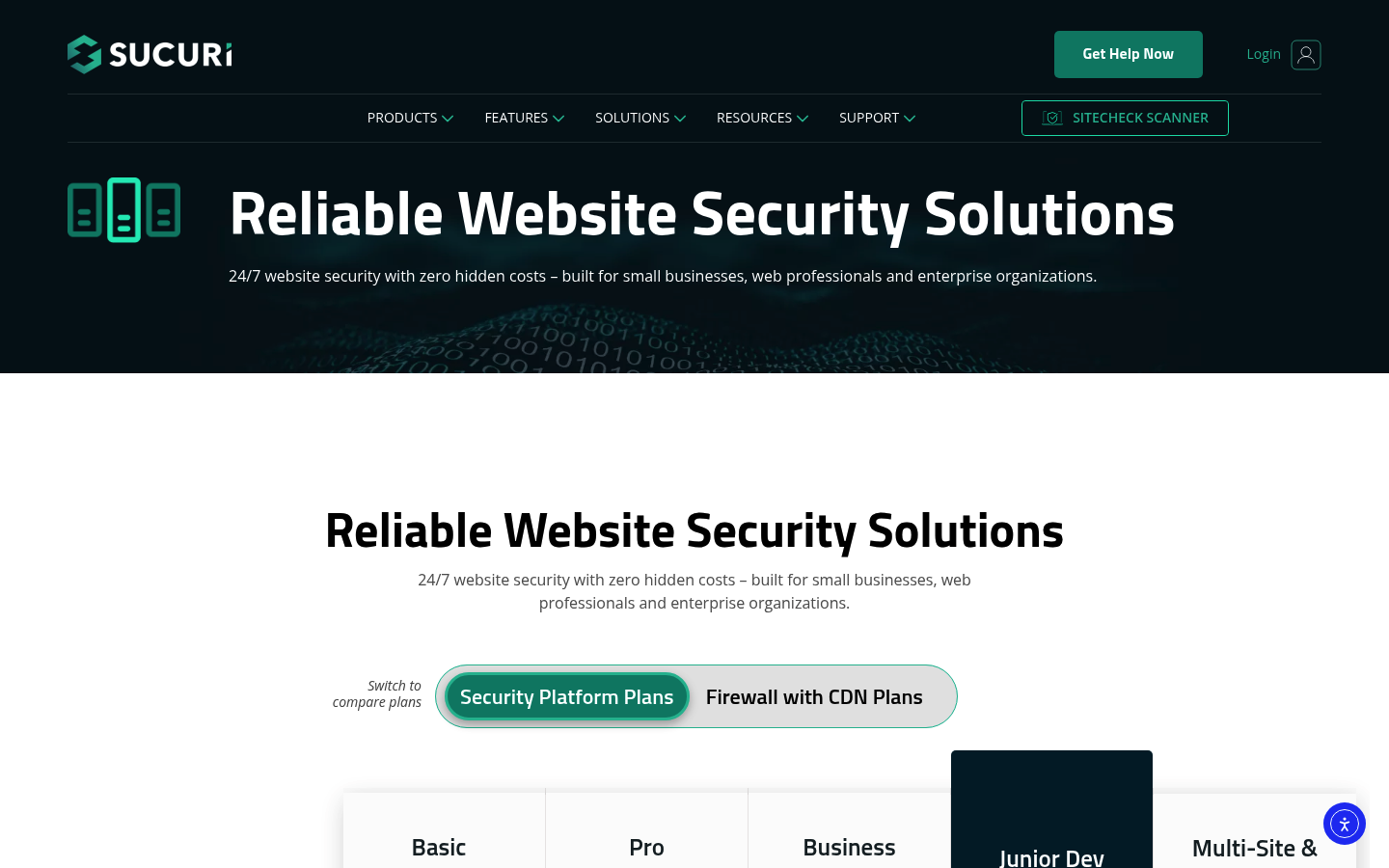 Screenshot of Sucuri's pricing page showing its plans and prices
