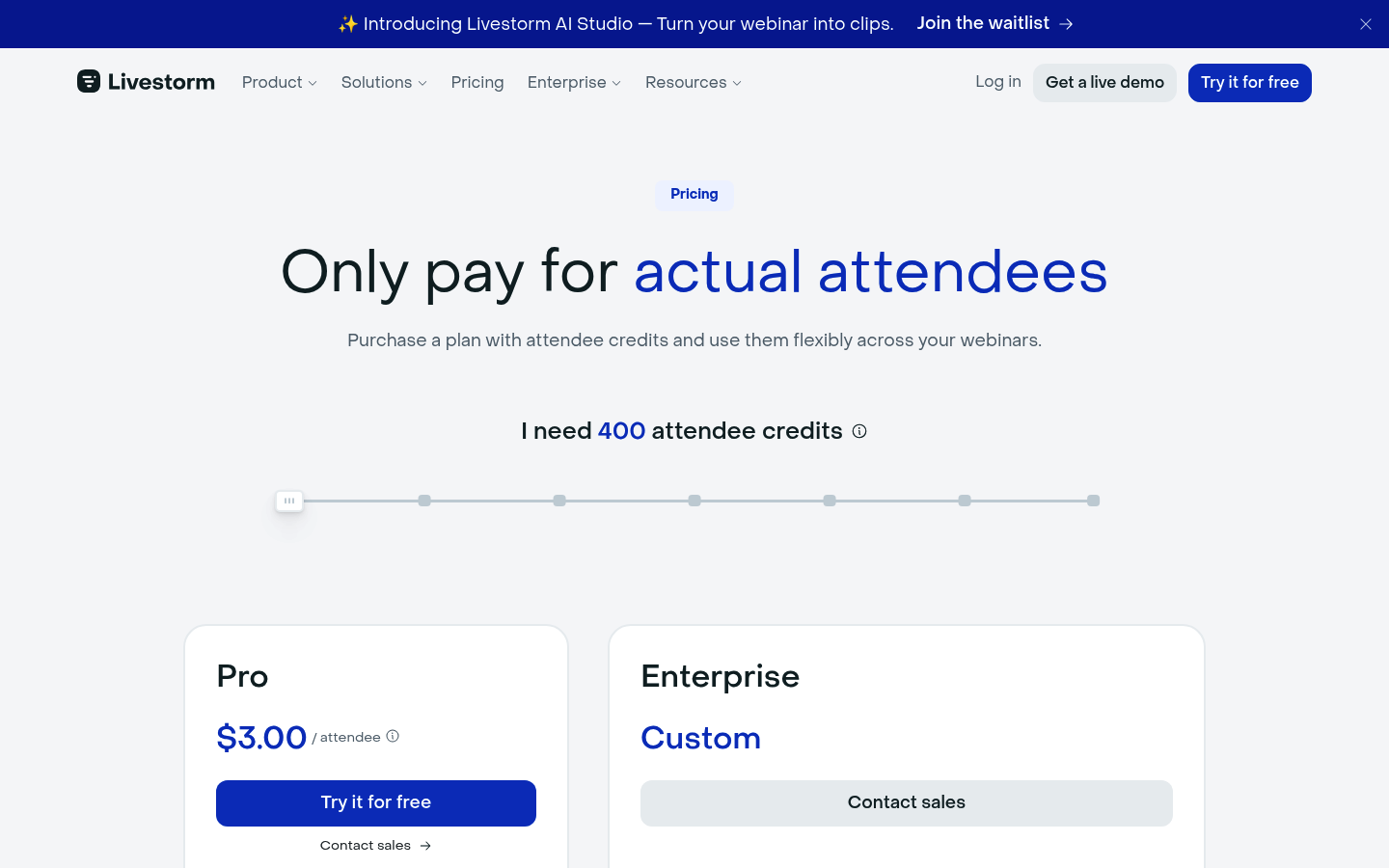 Screenshot of Livestorm's pricing page showing its plans and prices