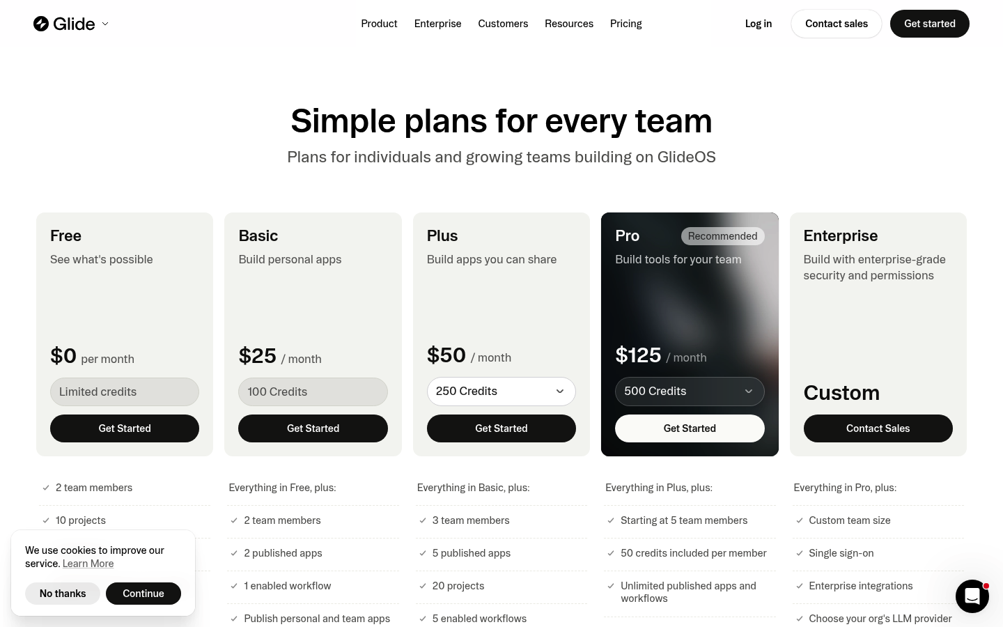 Screenshot of Glide's pricing page showing its plans and prices