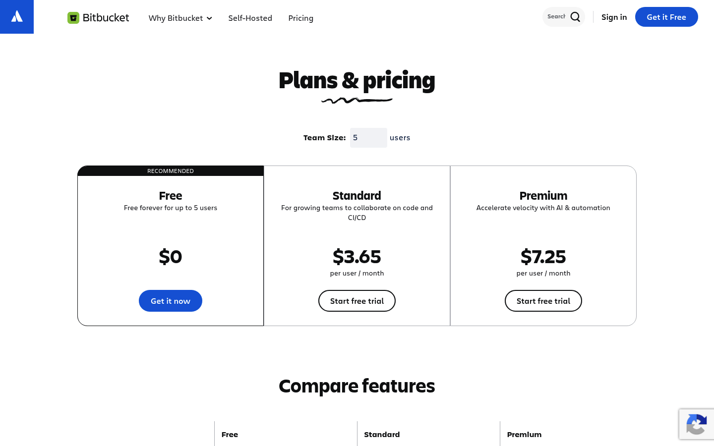 Screenshot of Bitbucket's pricing page showing its plans and prices