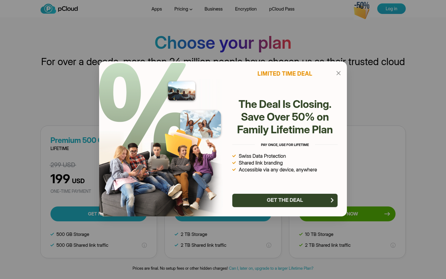 Screenshot of pCloud's pricing page showing its plans and prices