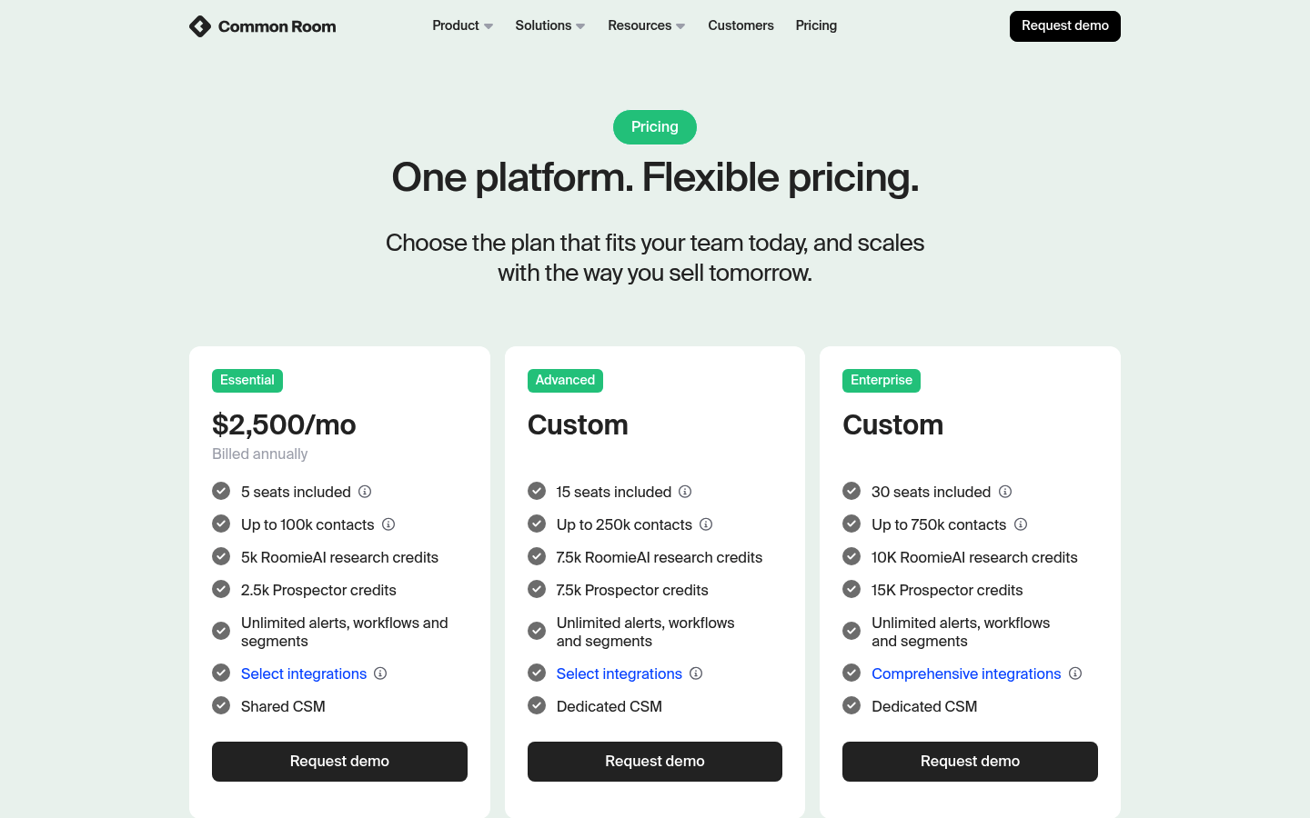 Screenshot of Common Room's pricing page showing its plans and prices
