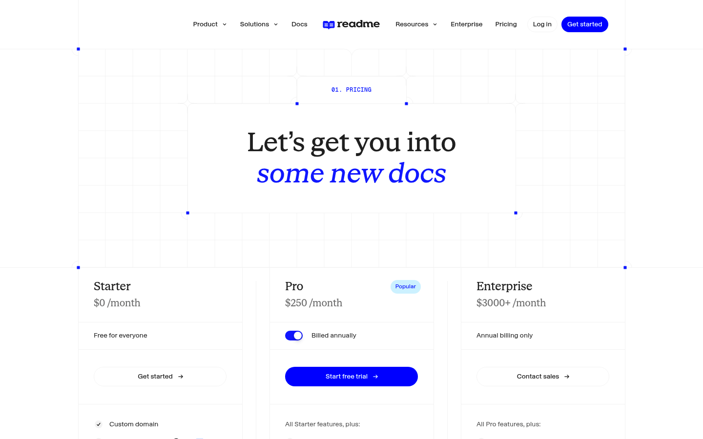 Screenshot of ReadMe's pricing page showing its plans and prices