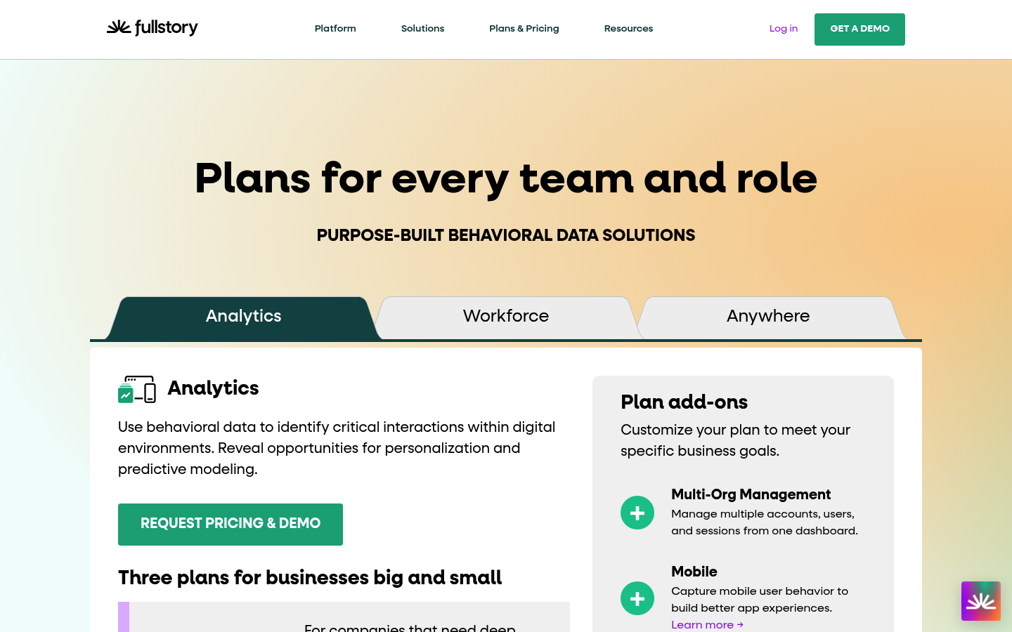 Screenshot of FullStory's pricing page showing its plans and prices