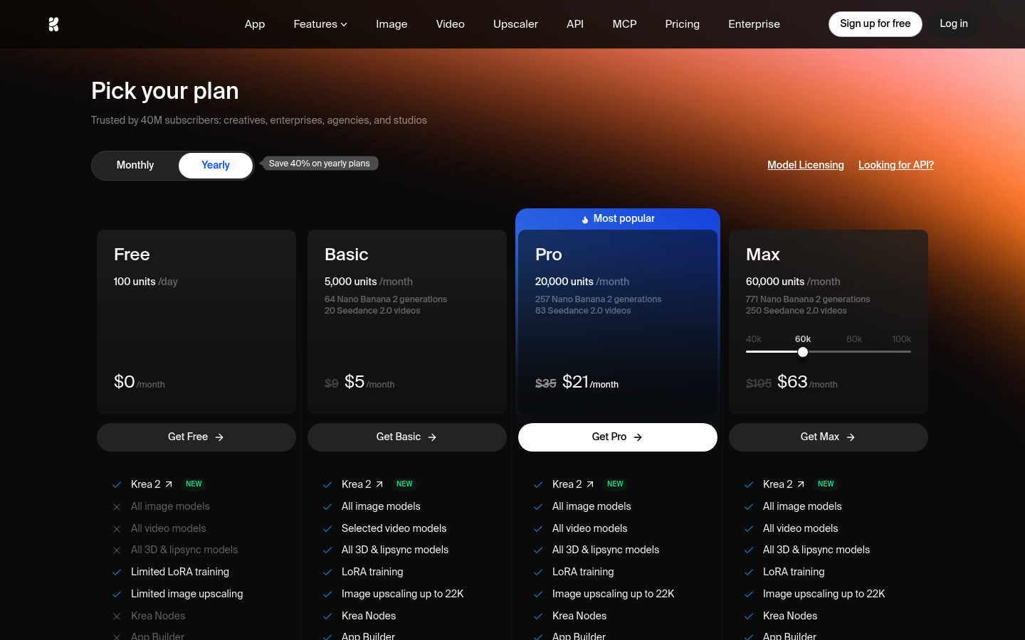 Screenshot of Krea's pricing page showing its plans and prices