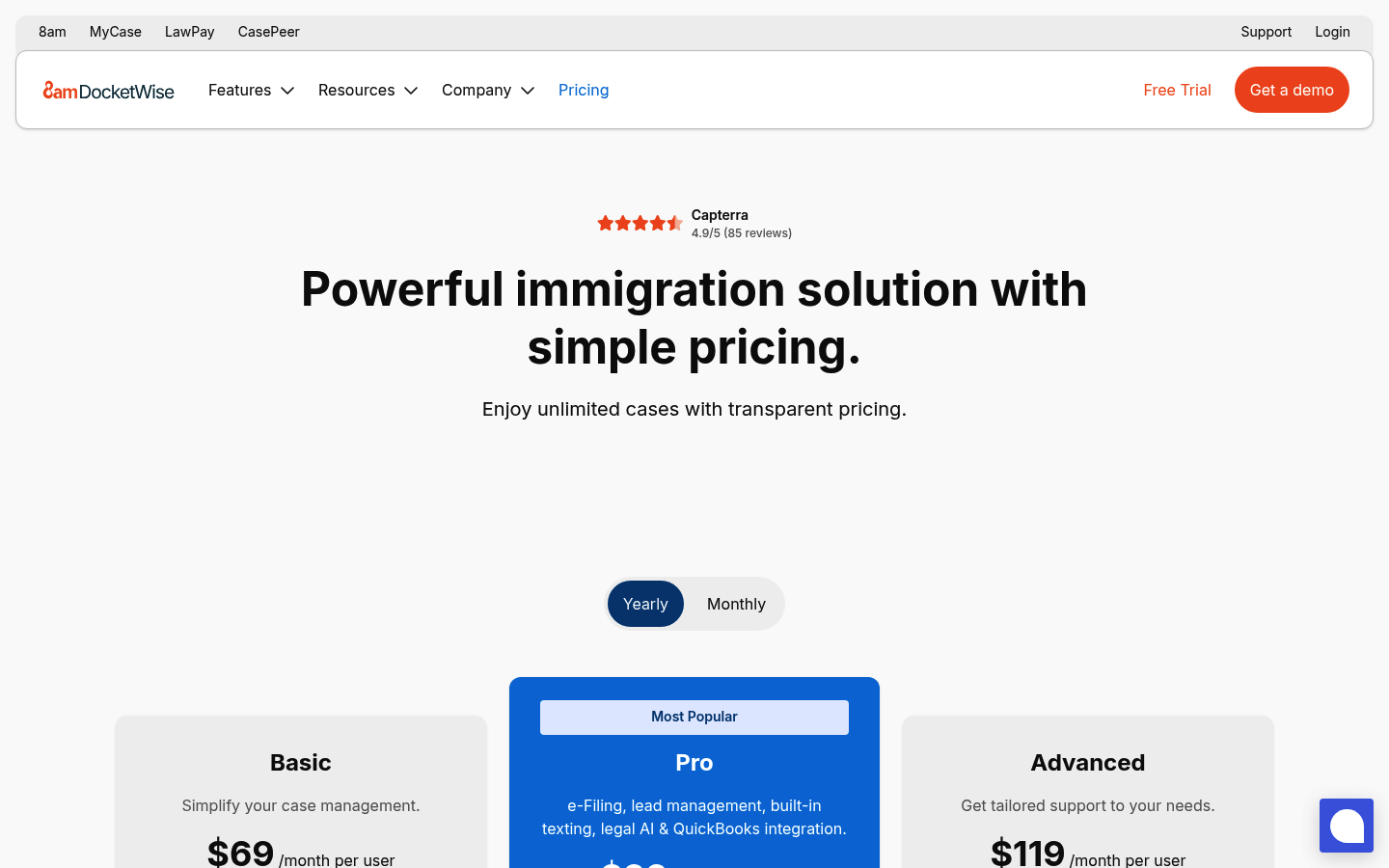 Screenshot of Docketwise's pricing page showing its plans and prices