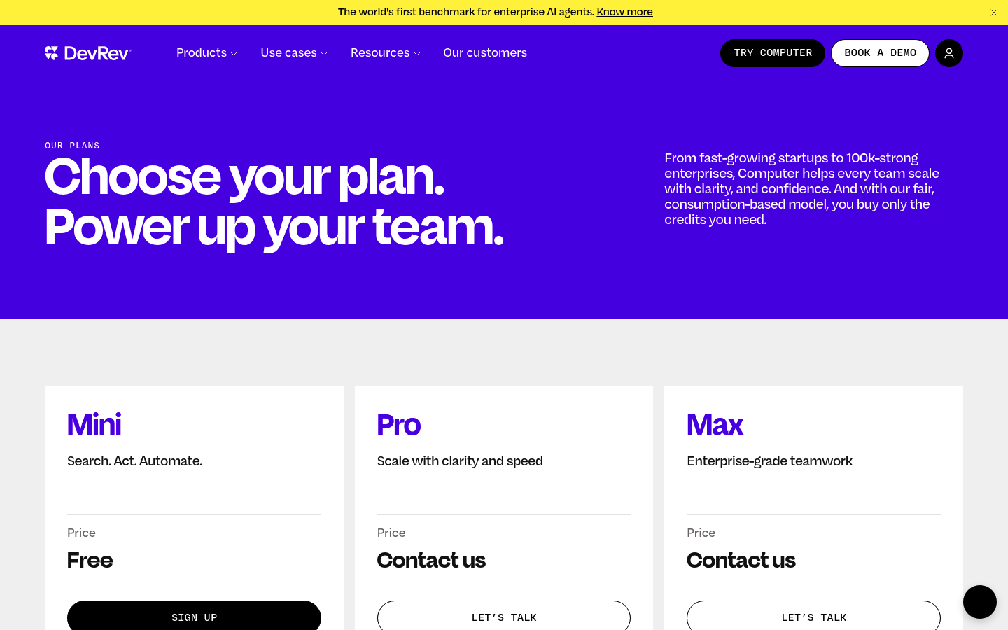 Screenshot of DevRev's pricing page showing its plans and prices