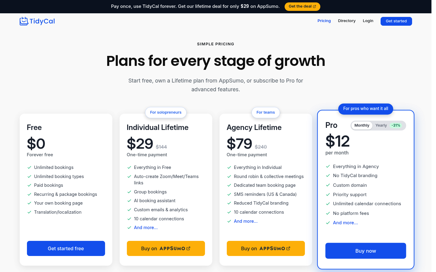 Screenshot of TidyCal's pricing page showing its plans and prices