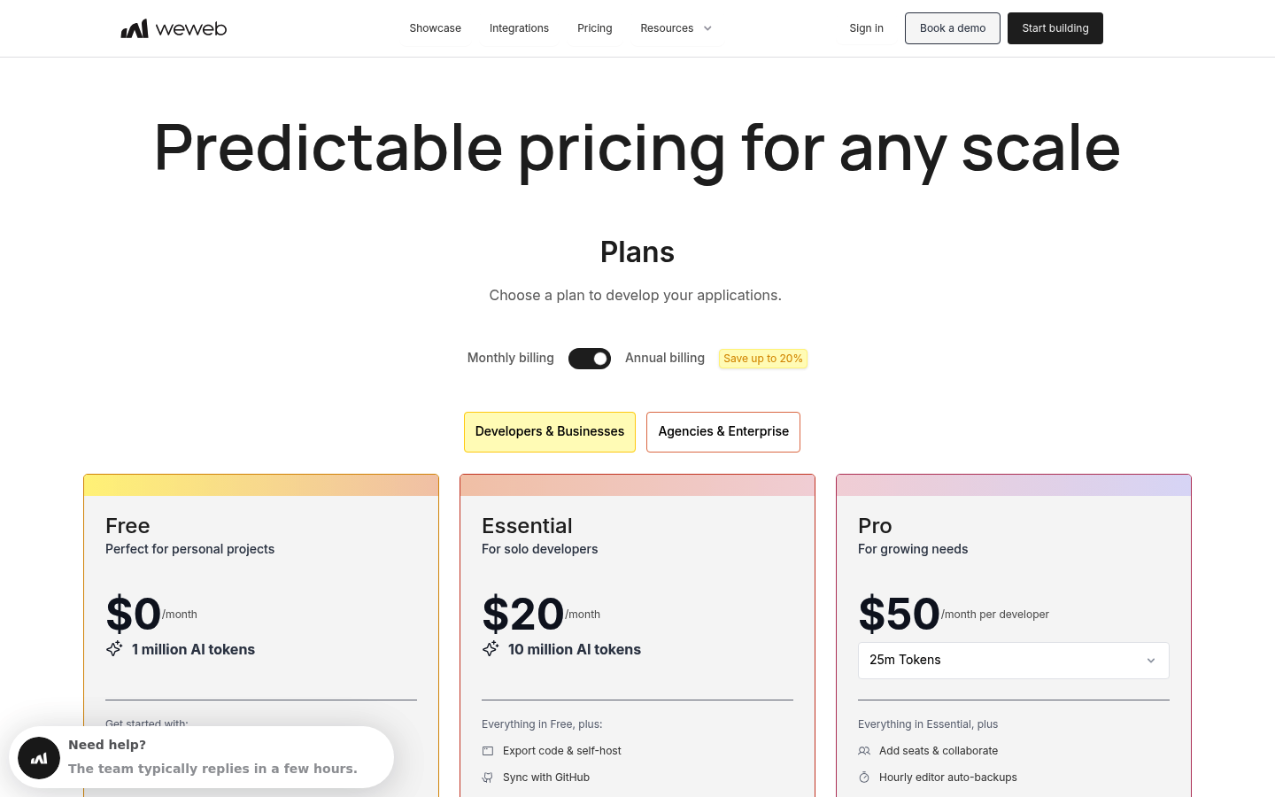 Screenshot of WeWeb's pricing page showing its plans and prices