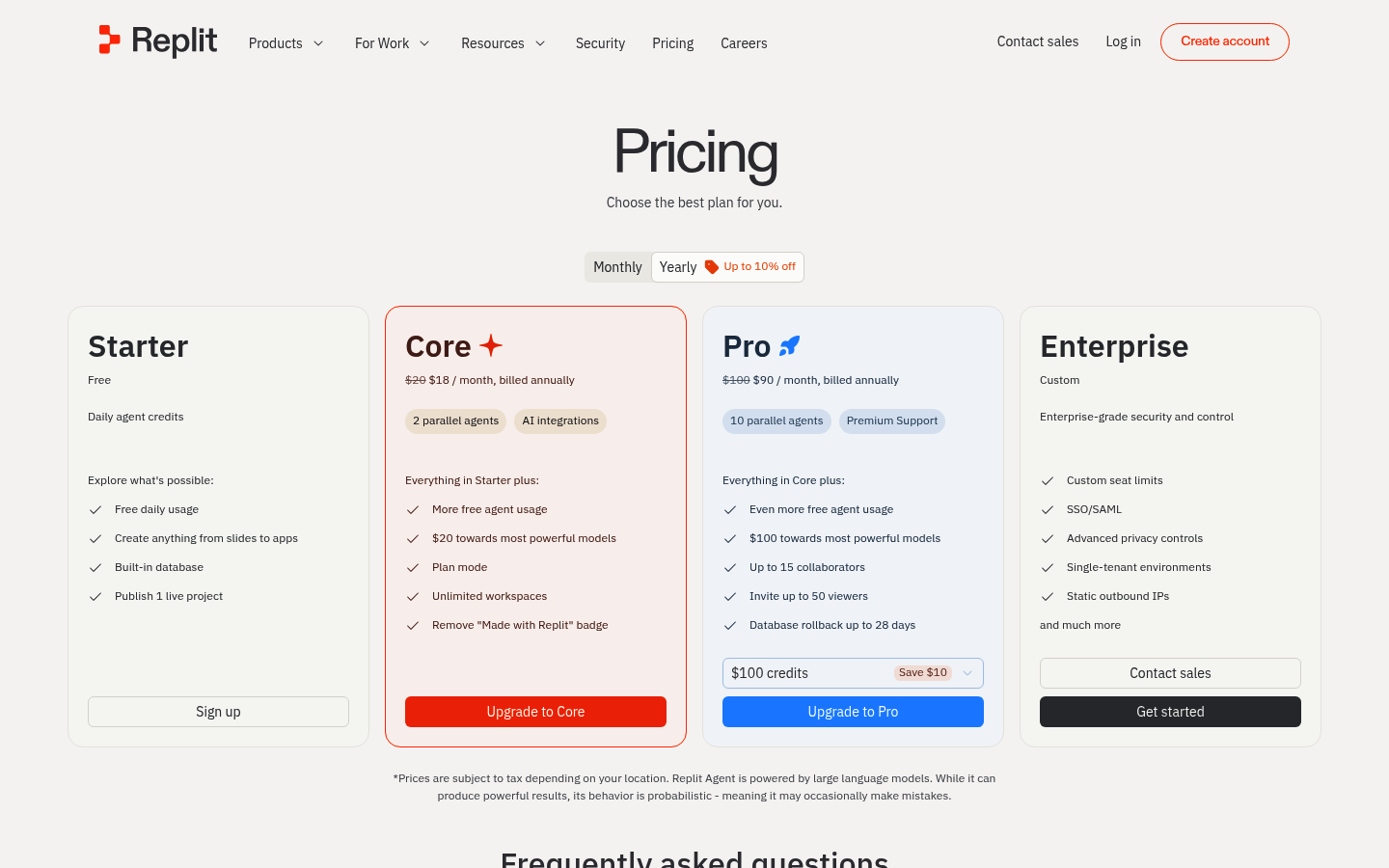 Screenshot of Replit's pricing page showing its plans and prices
