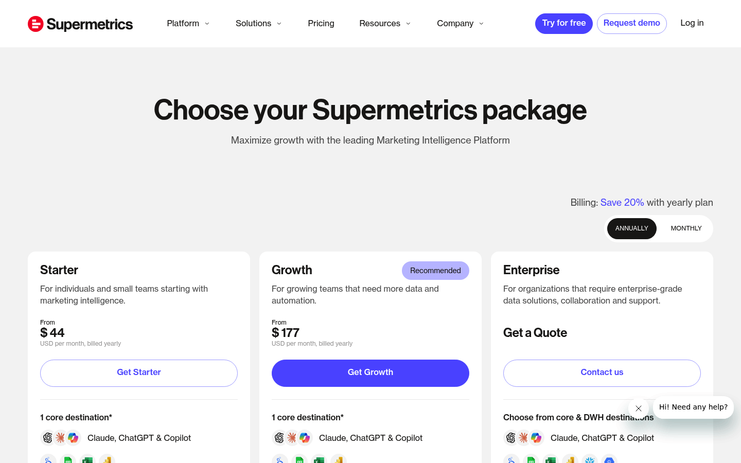 Screenshot of Supermetrics's pricing page showing its plans and prices