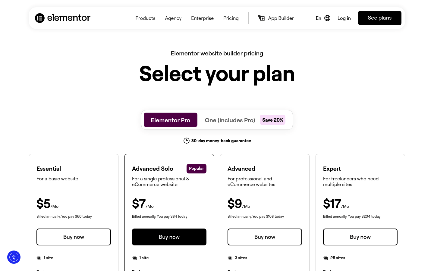 Screenshot of Elementor's pricing page showing its plans and prices
