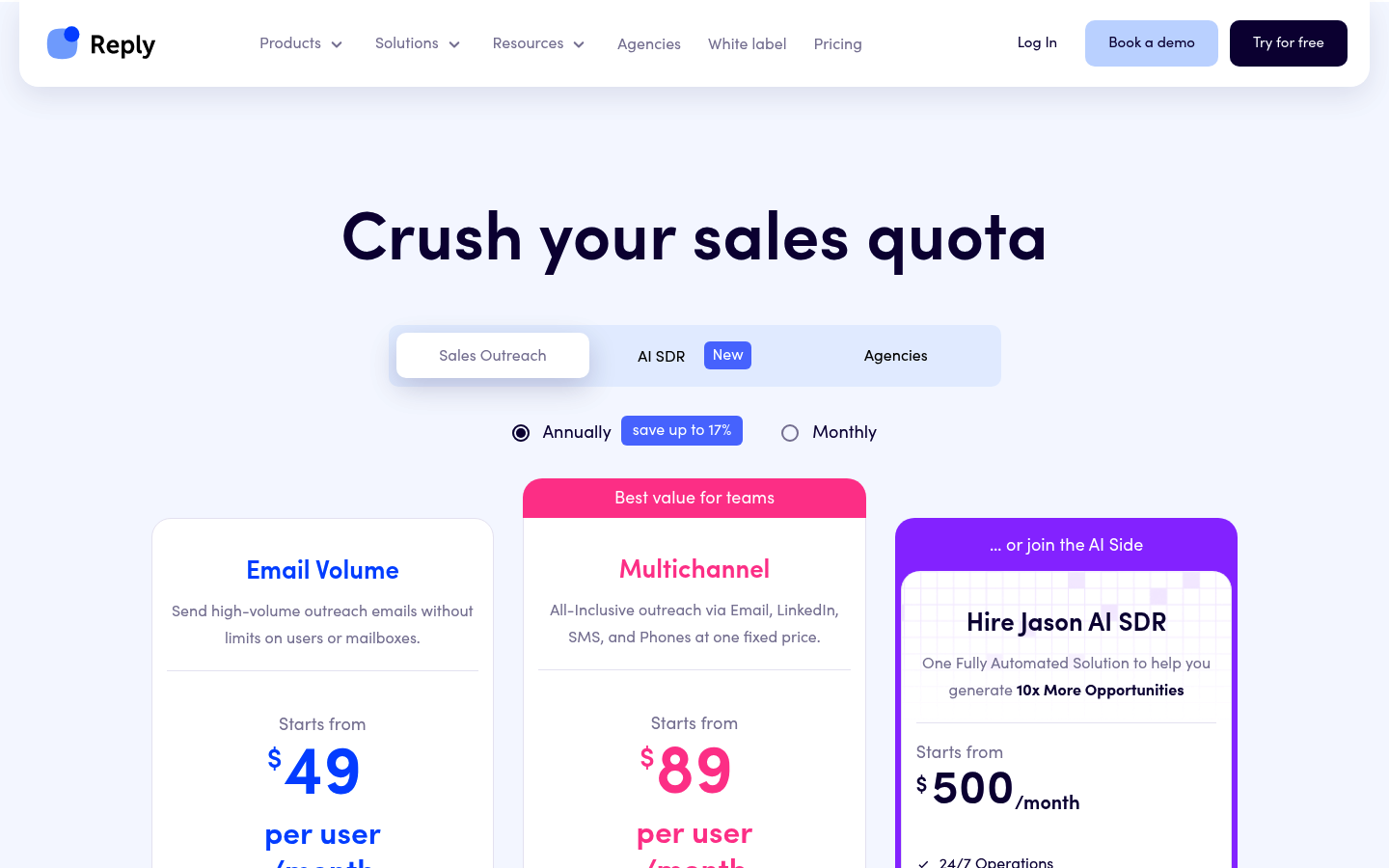 Screenshot of Reply.io's pricing page showing its plans and prices
