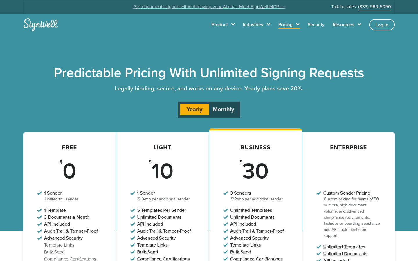 Screenshot of SignWell's pricing page showing its plans and prices