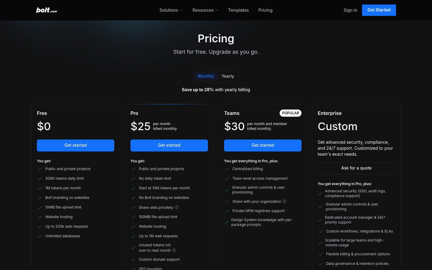 Screenshot of Bolt's pricing page showing its plans and prices