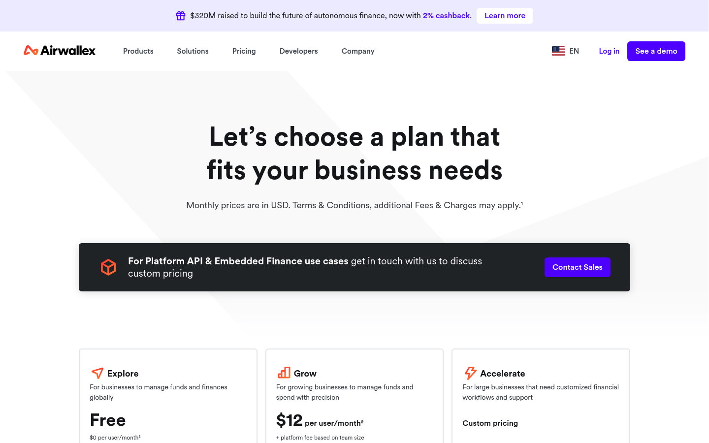 Screenshot of Airwallex's pricing page showing its plans and prices