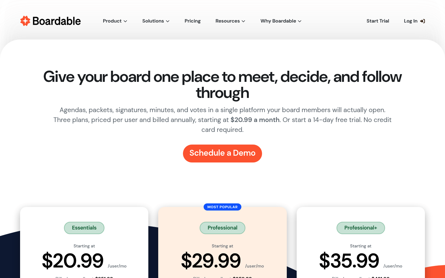 Screenshot of Boardable's pricing page showing its plans and prices