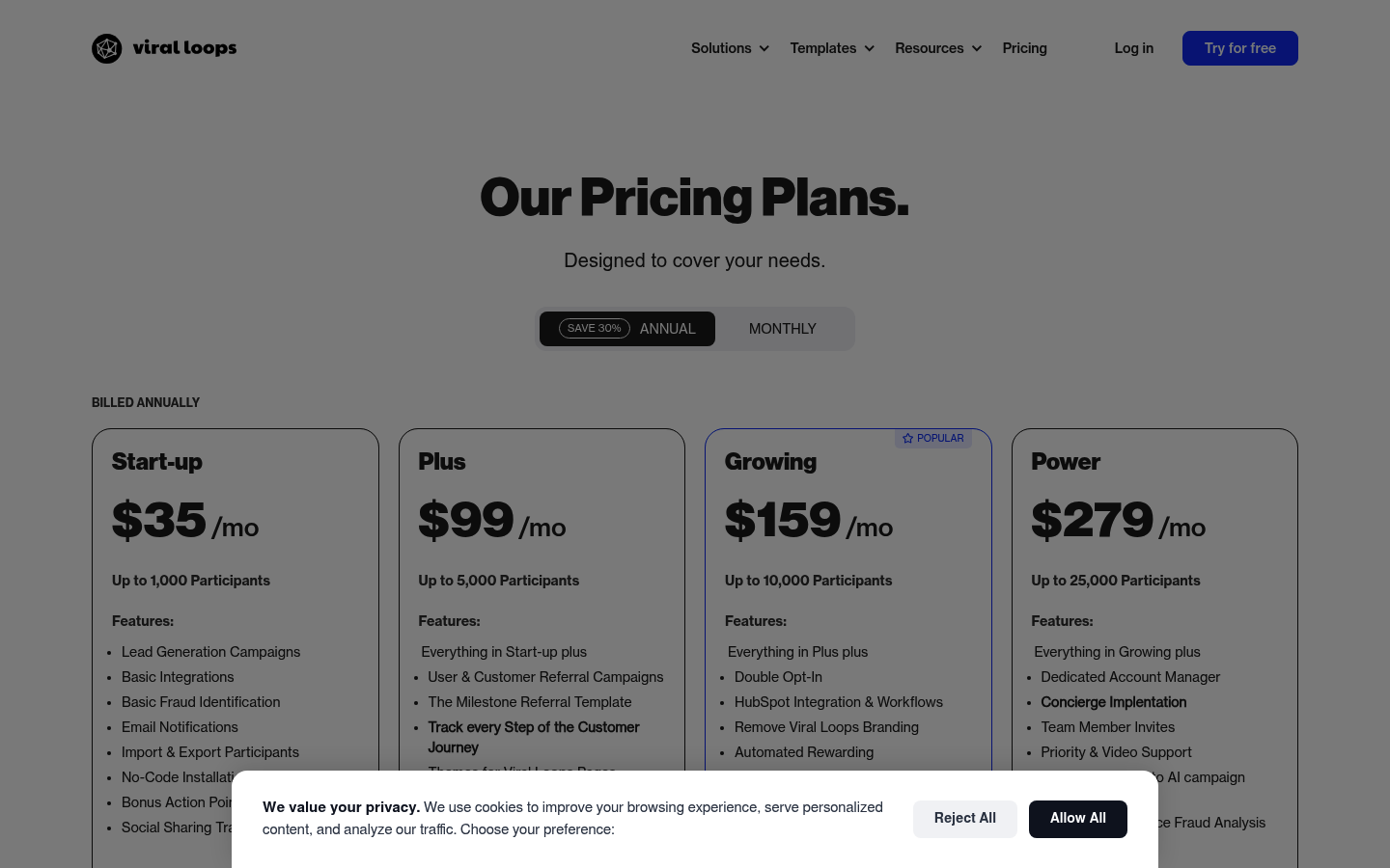 Screenshot of Viral Loops's pricing page showing its plans and prices