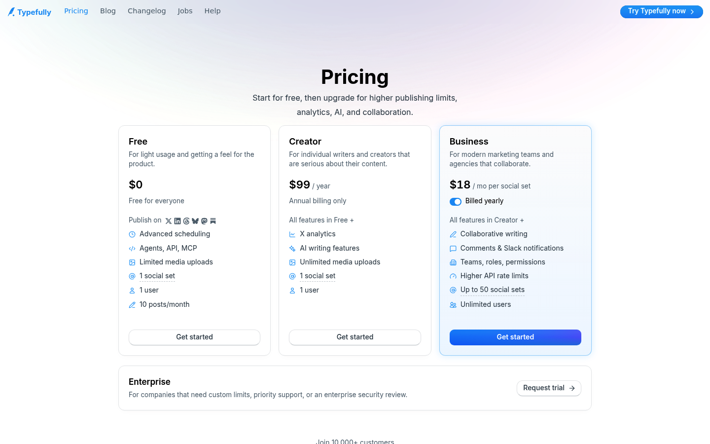 Screenshot of Typefully's pricing page showing its plans and prices