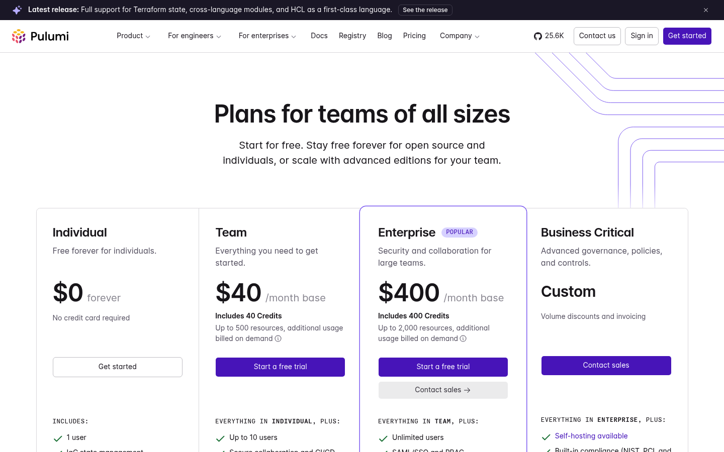 Screenshot of Pulumi's pricing page showing its plans and prices