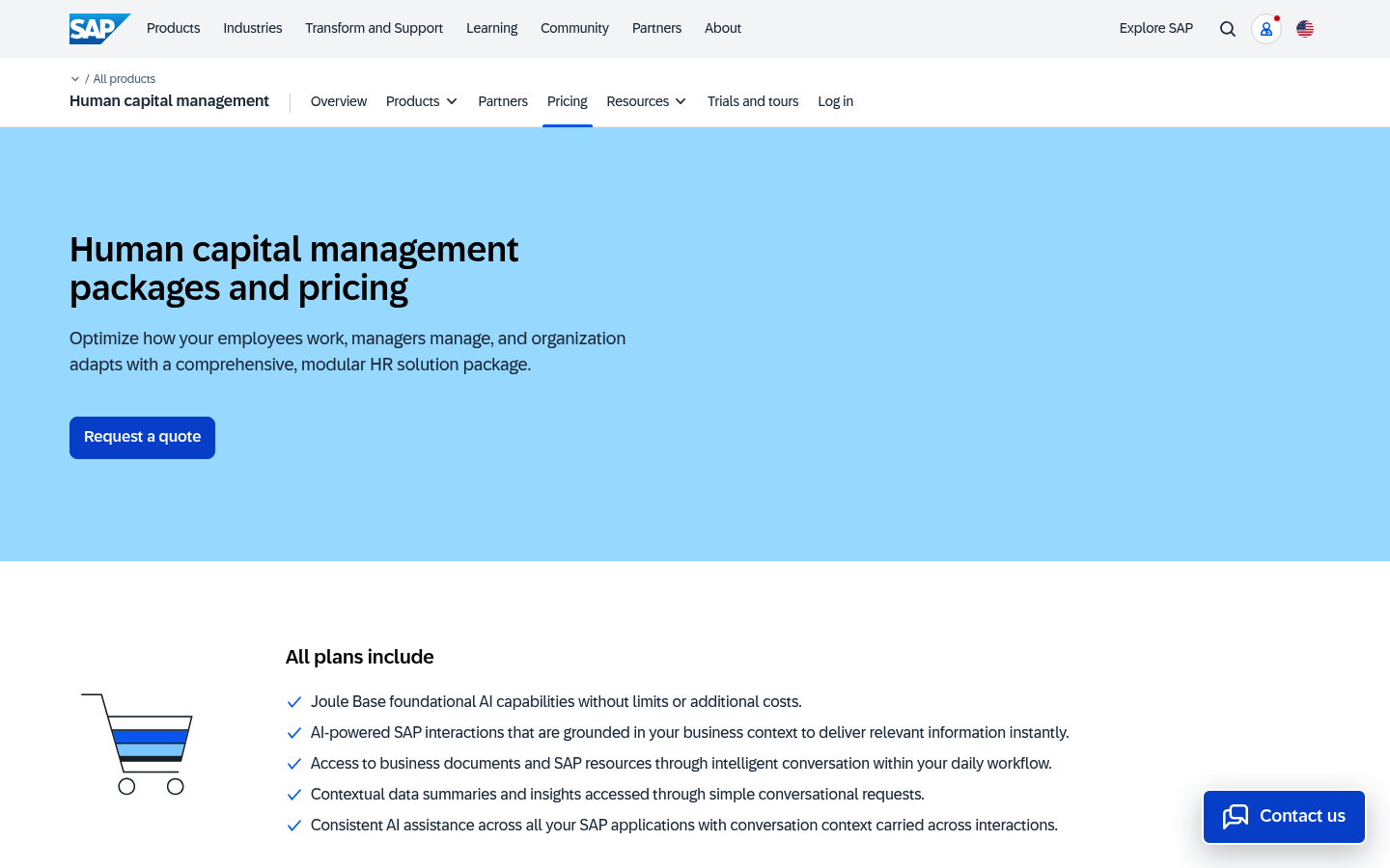 Screenshot of SAP SuccessFactors's pricing page showing its plans and prices