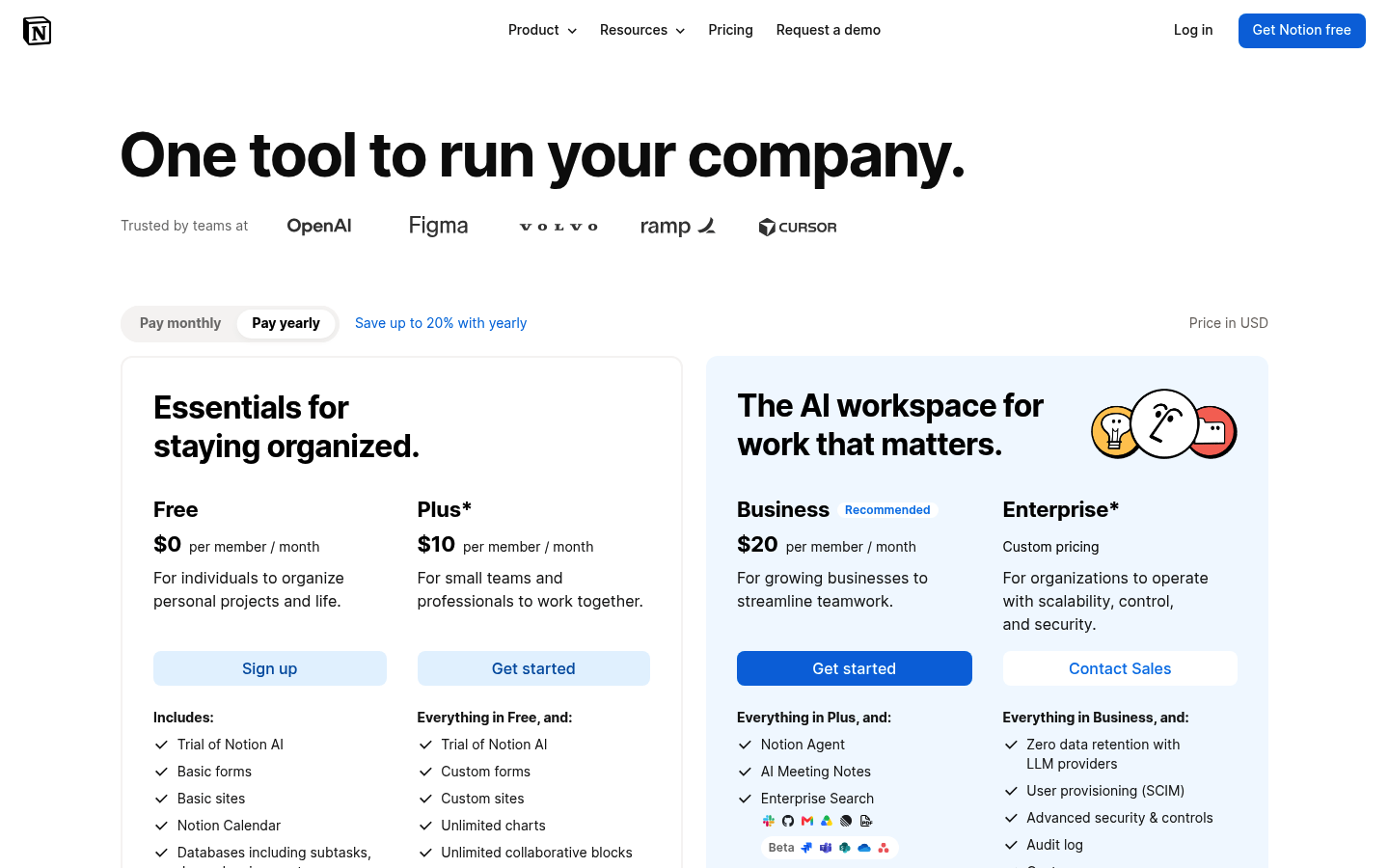 Screenshot of Notion's pricing page showing its plans and prices