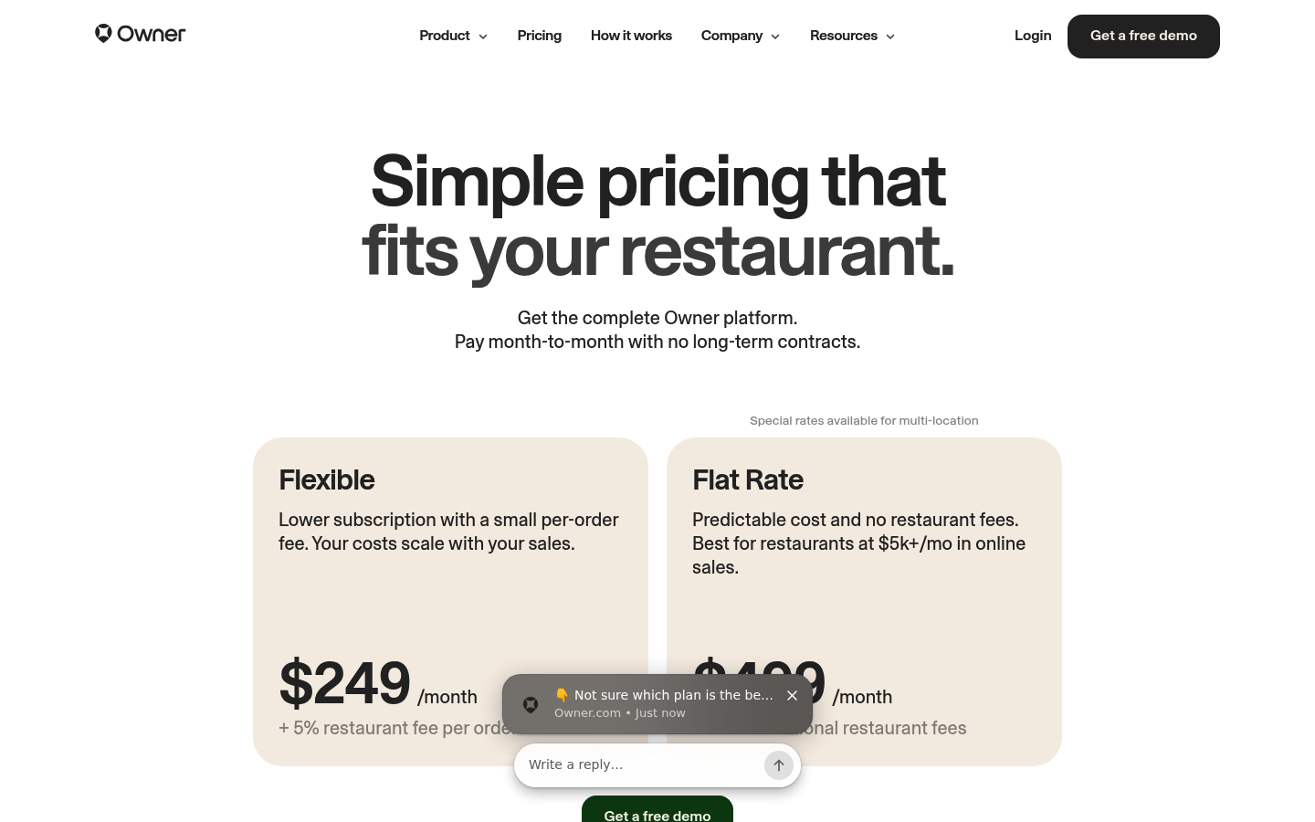 Screenshot of Owner.com's pricing page showing its plans and prices