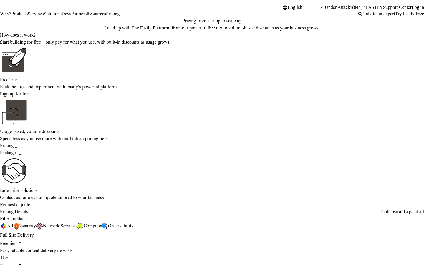 Screenshot of Fastly's pricing page showing its plans and prices