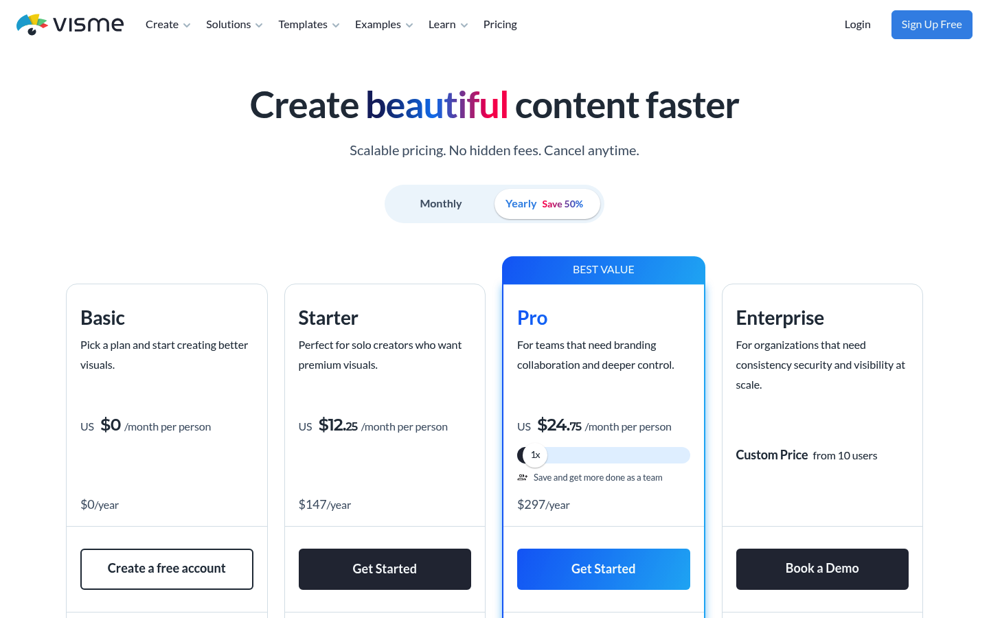 Screenshot of Visme's pricing page showing its plans and prices