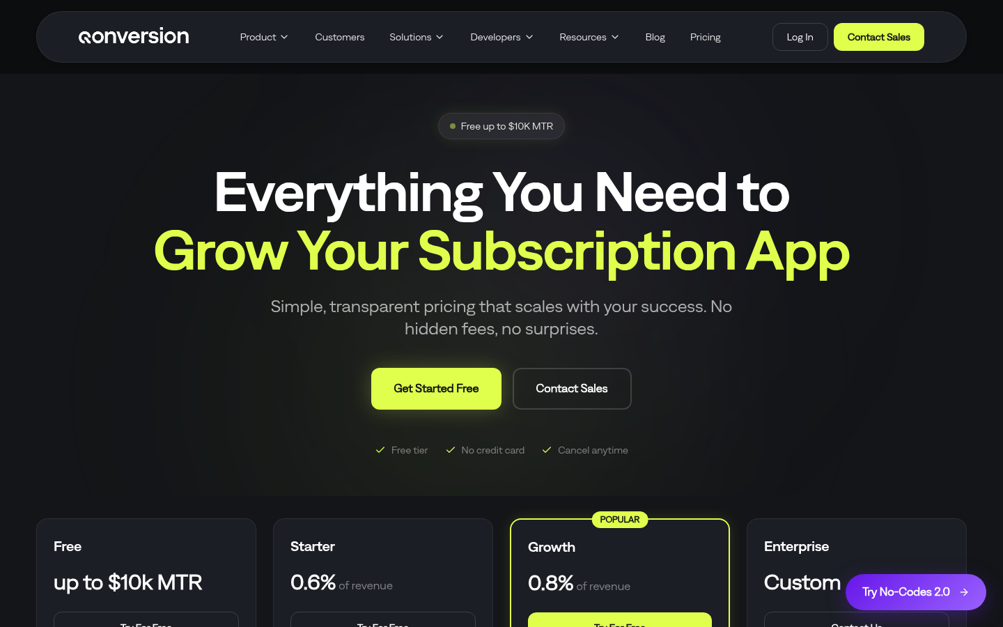 Screenshot of Qonversion's pricing page showing its plans and prices