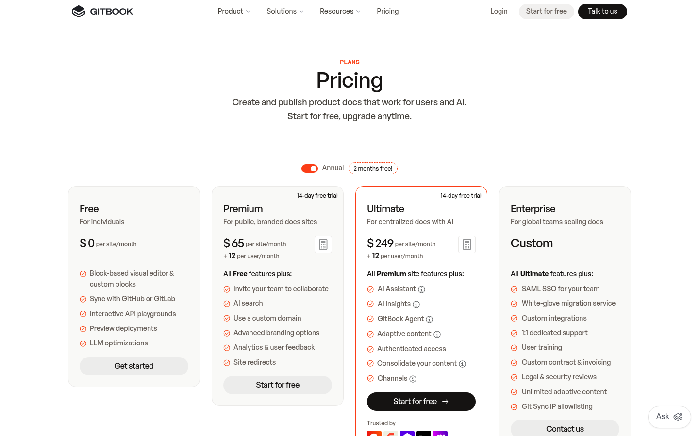 Screenshot of GitBook's pricing page showing its plans and prices