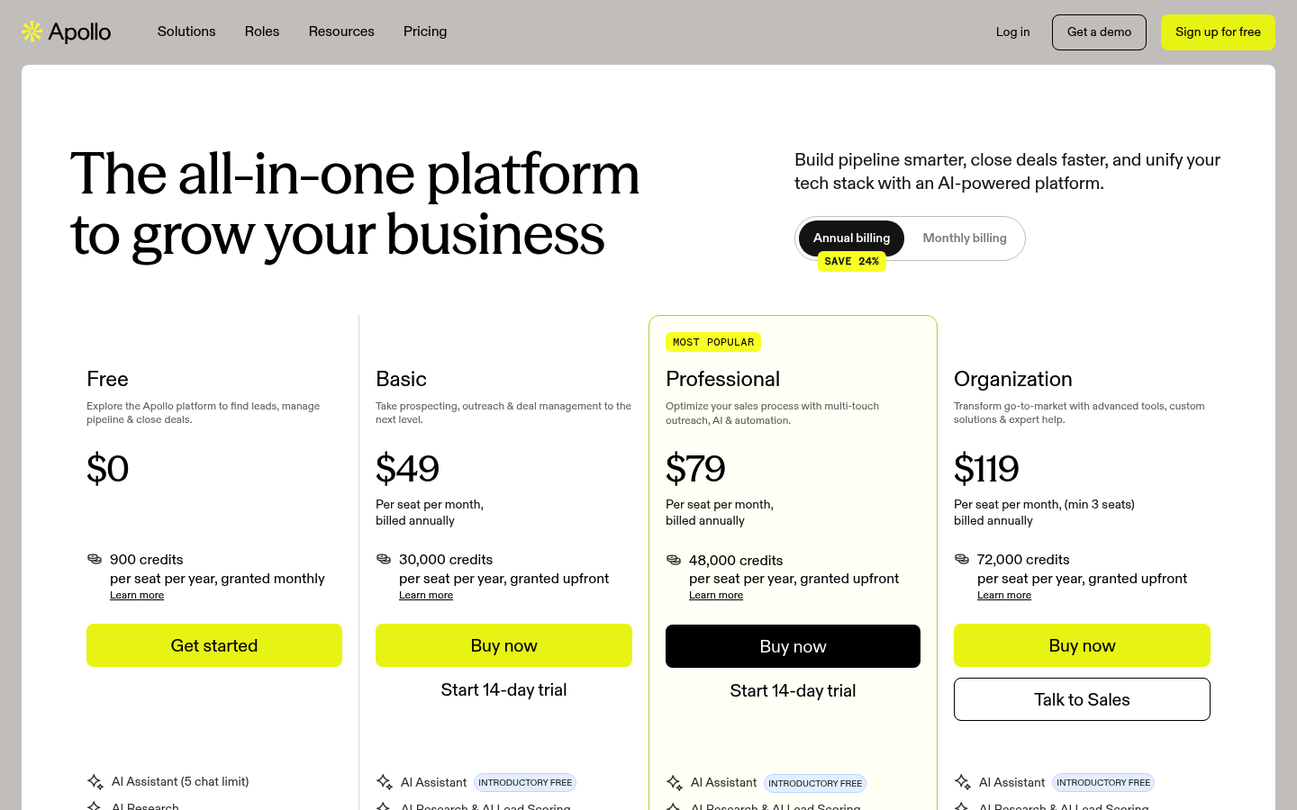 Screenshot of Apollo.io's pricing page showing its plans and prices